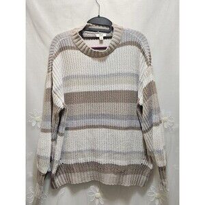True Craft Womens XL White Beige Sweater Neutral Relaxed Stripes Chunky Distress